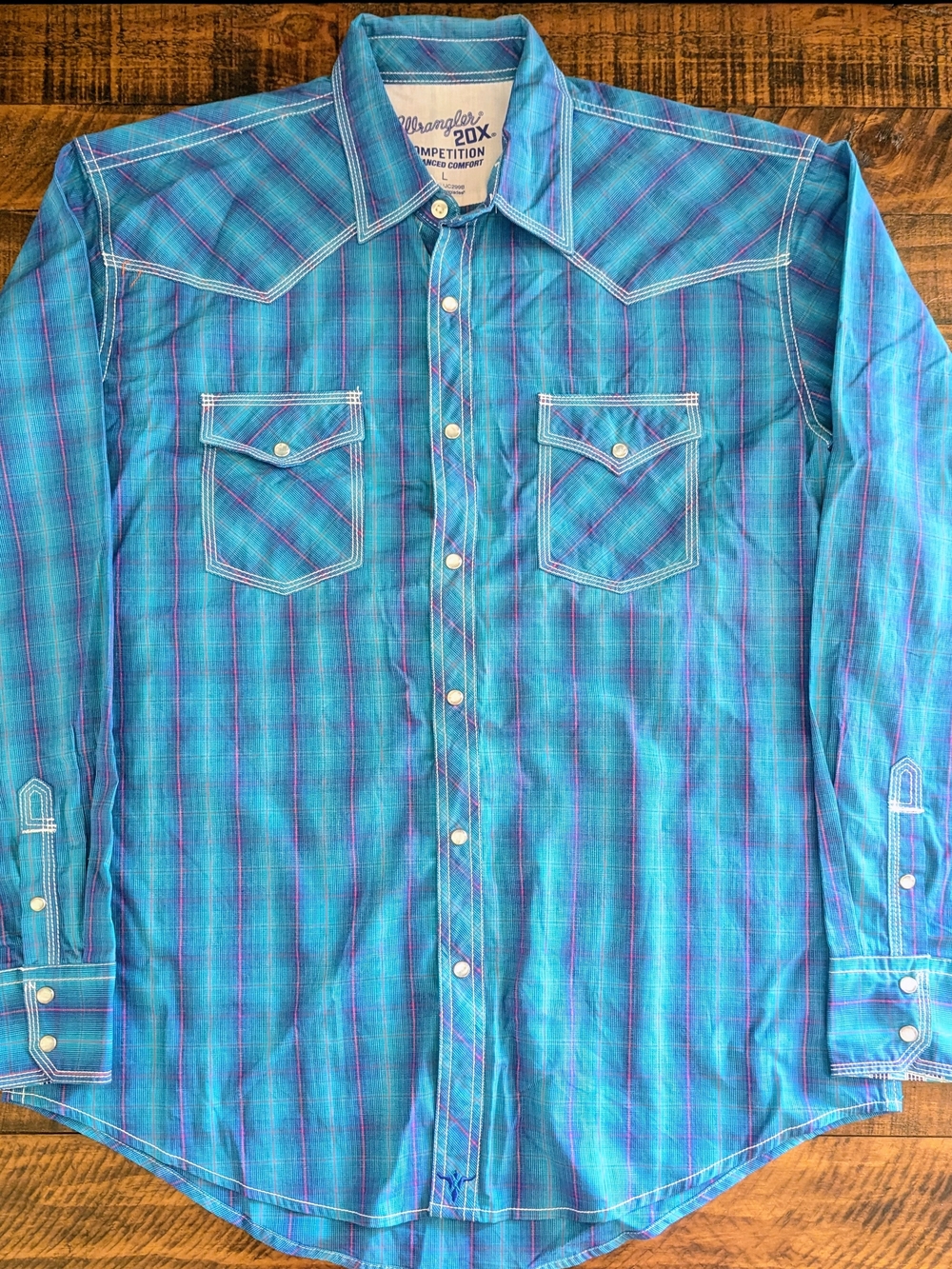 Wrangler 20X Men's Competition Teal Plaid Snap Long Sleeve Western Shirt Size L